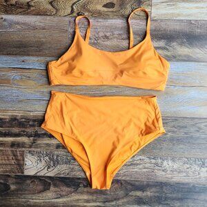 Everlane Renew 2 Piece The Scoop Neck High-Waist Bikini Swimsuit Orange Sz.L